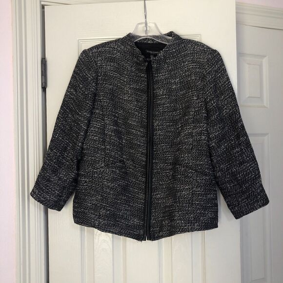 Eileen Fisher Womans Petite Med Tweed Linen Jacket Black Leather Trim Classic‎ - Picture 2 of 8